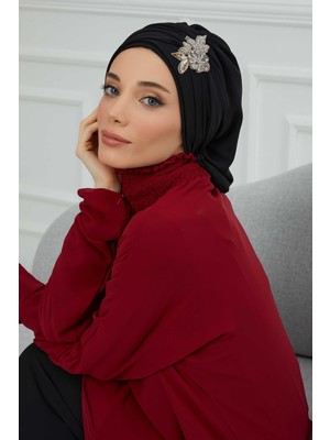 Mestore Pileli Taş Çiçek Aksesuarlı Şifon Hazır TÜRBAN,HT-105,HT-105 Siyah