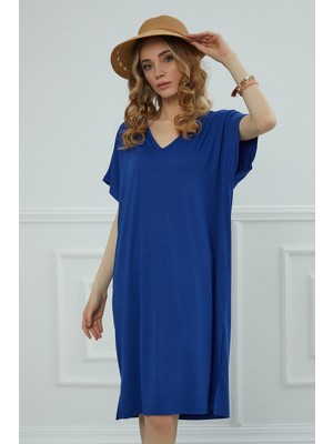 Mestore Yırtmaçlı Kısa Elbise,elb-4 Saks Mavisi