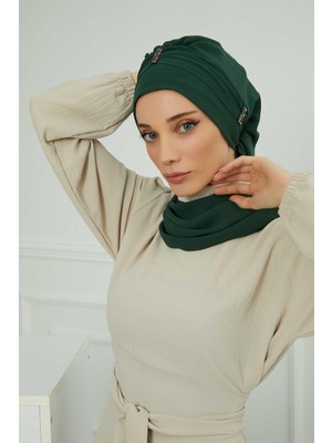 Mestore Renkli Taş Aksesuarlı Şifon Hazır Türban,ht-51,ht-51 Koyu Yeşil