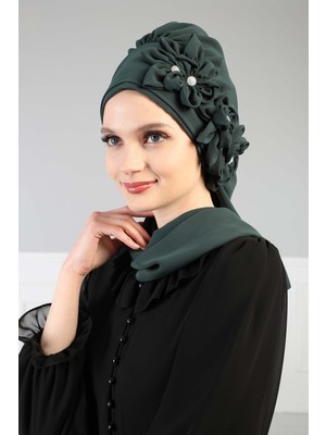Mestore Çiçek Aksesuarlı Tasarım Hazır Şifon Türban,ht-27 Koyu Yeşil