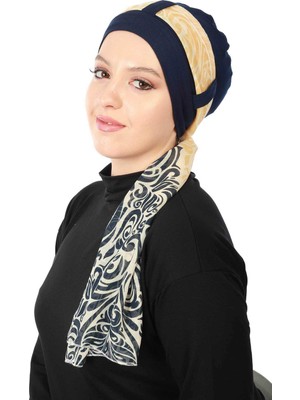 Mestore Şifon Kuşaklı Penye Bone DESENLI,B-36D Lacivert - Lacivert Sarı