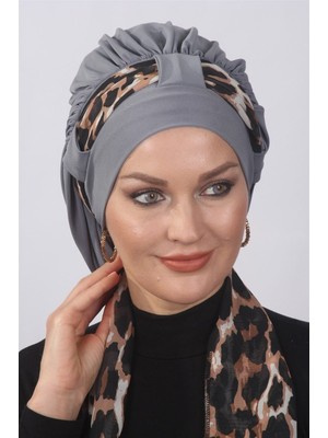 Mestore Dökümlü Leopar Fularlı  Gri