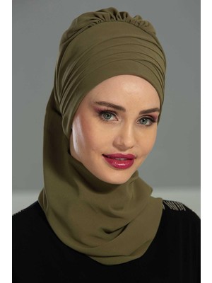 Mestore Çapraz Dikim Fularlı Tasarım Şifon Hazır Türban,ht-48 Haki Yeşili
