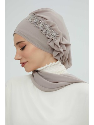 Mestore Yandan Fırfırlı Taş Aksesuarlı Şifon Hazır TÜRBAN,HT-100,HT-100 Vizon
