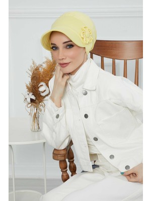 Mestore Siperlikli Çiçek Aksesuarlı Şapka Bone,b-72 Sarı