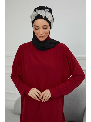 Mestore Çiçekli Taç Aksesuarlı Şifon Hazır TÜRBAN,HT-103,HT-103 Siyah-Gümüş