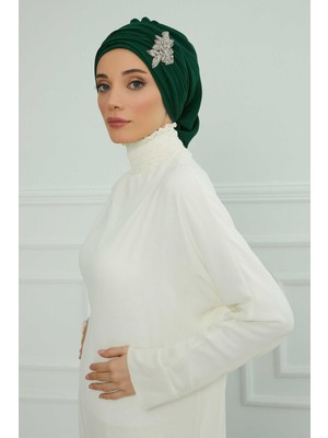 Mestore Pileli Taş Çiçek Aksesuarlı Şifon Hazır TÜRBAN,HT-105,HT-105 Koyu Yeşil
