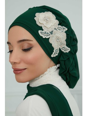 Mestore Yandan Fırfırlı Çiçek Aksesuarlı Şifon Hazır TÜRBAN,HT-102,HT-102 Koyu Yeşil-Gold