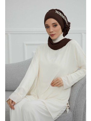 Mestore Yandan Fırfırlı Taş Aksesuarlı Şifon Hazır TÜRBAN,HT-100,HT-100 Kahverengi