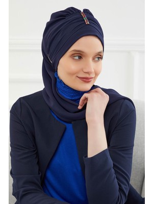 Mestore Renkli Taş Aksesuarlı Şifon Hazır Türban,ht-51,ht-51 Lacivert
