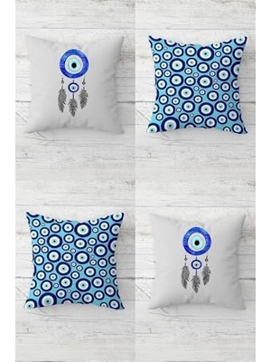 Yastık; Pelangi Naza Boncuğu Dream Catcher Nazarlık Gizli Fermuarlı Kırlent Kılıfı Koltuk Kılıfı TAKIM(4ADET), Mavi, Açık Gri 45 x 45