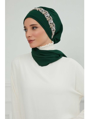 Mestore Taş Aksesuarlı Tasarım Şifon Hazır TÜRBAN,HT-101,HT-101 Koyu Yeşil-Gümüş