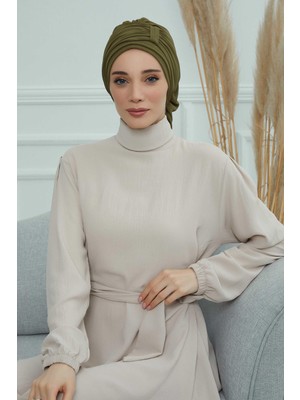 Mestore Pileli Tasarım Şifon Hazır TÜRBAN,HT-107,HT-107 Haki Yeşili