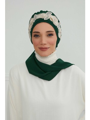 Mestore Çiçekli Taç Aksesuarlı Şifon Hazır TÜRBAN,HT-103,HT-103 Koyu Yeşil-Gold