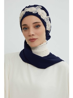 Mestore Çiçekli Taç Aksesuarlı Şifon Hazır TÜRBAN,HT-103,HT-103 Lacivert-Gold