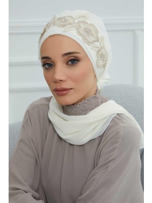 Mestore Çiçekli Taç Aksesuarlı Şifon Hazır TÜRBAN,HT-103,HT-103 Krem-Gold