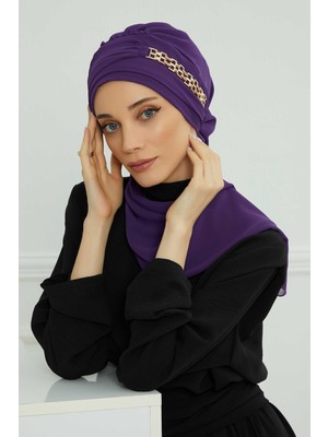 Mestore Gold Aksesuarlı Tasarım Şifon Hazır Türban,ht-28,ht-28 Mor