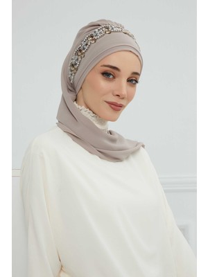 Mestore Taş Aksesuarlı Tasarım Şifon Hazır TÜRBAN,HT-101,HT-101 Vizon-Gümüş