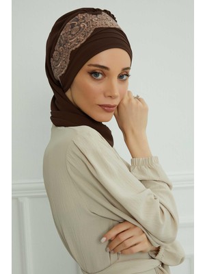 Mestore Dantel Aksesuarlı Fularlı Şifon Hazır Türban,ht-53,ht-53 Kahverengi