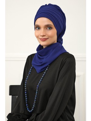 Mestore Çapraz Dikim Fularlı Tasarım Şifon Hazır Türban,ht-48 Saks Mavisi