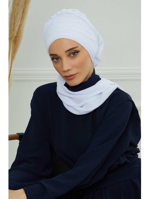Mestore Çapraz Dikim Fularlı Tasarım Şifon Hazır Türban,ht-48 Beyaz
