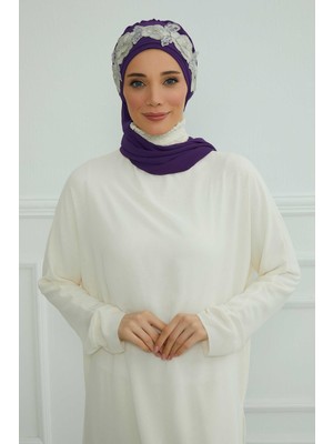Mestore Çiçekli Taç Aksesuarlı Şifon Hazır TÜRBAN,HT-103,HT-103 Mor-Gümüş