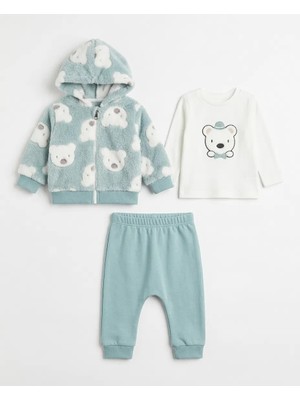 Pakel Ayıcık Nakışlı 3'lü Erkek Bebek Takım Welsoft Polarlı %100 Pamuk Kumaş 3-6 Ay 6-9 Ay 9 -12 Ay 12-18 Ay Erkek Bebek Takım Kapüşonlu Hırka+Body+Pijama Yenidoğan Bebek Takım