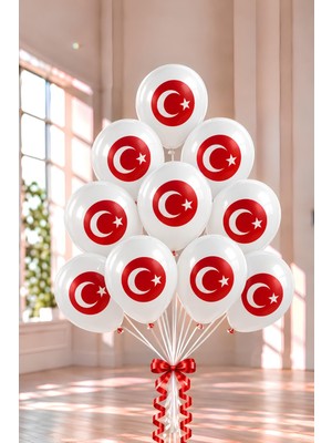 Patladı Gitti Türk Bayrağı Baskılı Beyaz Lateks Balon 10'lu Set – 12 Inç Milli Bayram Parti Balonu
