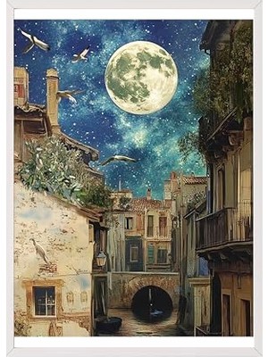 Beyaz Çerçeveli Tablo, Ay Işığı ve Eski Evler, Gece Kompozisyonu Poster No: 107329 21 x 30