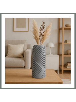 Bezos 3D Baskı Vector Vazo - Geometrik Çizgili Dekoratif Vazo-Gri Mmbz