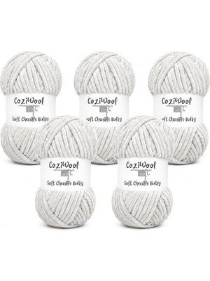 Kadife Ip, 5'li Paket 5X100 G. 120 Mt., Soft Chenille Bulky %100 Mikro Polyester, Amigurumi, Oyuncak, Bebek Battaniyesi, Yumuşak, Lüks & Canlı Renkler, 1047-AÇIK Gri