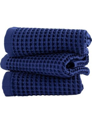 Püskül Lüks 3-Adet Waffle El Havlusu Seti, Büyük 40X80 Cm, Koyu Mavi, 100% Pamuk Yumuşak Süper Emici Hızlı Kuruyan Yüksek Kaliteli Waffle 3D Petek Dokuma Banyo ve Mutfak Havluları