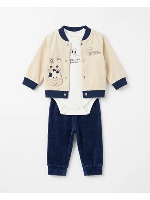 IQ Baby 3'lü Zürafa Nakışlı Erkek Bebek Takım Kadife %100 Pamuklu Baskılı Body 0-3 Ay 3-6 Ay 6-9 Ay Yeni Doğan Bebek Takımı Hırka +Pantolon +Body