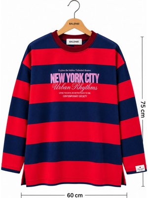 Balenbi Kadın 3 Iplik Şardonsuz New York City Baskılı Çizgili Bisiklet Yaka Tunik 390-5