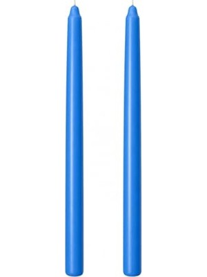2'li Açık Mavi Metalik Şamdan Mum Seti 25 Cm; Dekoratif Ince Şamdan Mum, Kokusuz Parafin Wax, %100 Pamuk Fitil, El Döküm, Uzun Süre Yanma (~10 Saat), Sofra, Davet, Nişan, Düğün