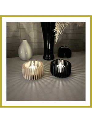 Bezos 3D Baskı Modern Çizgili Mumluk - Tealight Mumluk (1 Adet)-Bej Bcks