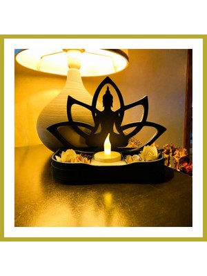 Bezos 3D Baskı Lotus Buda Mumluk - Dekoratif Tealight Mumluk-Siyah Bcks