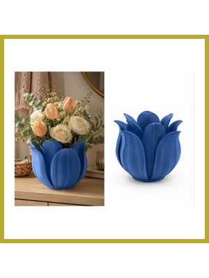 Bezos 3D Baskı Lotus Yapraklı Vazo - Dekoratif Çiçeklik-Mavi Bcks