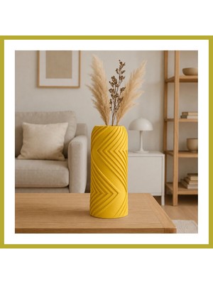 Bezos 3D Baskı Vector Vazo - Geometrik Çizgili Dekoratif Vazo-Sarı Bcks