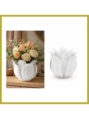 Bezos 3D Baskı Lotus Yapraklı Vazo - Dekoratif Çiçeklik-Beyaz Bcks