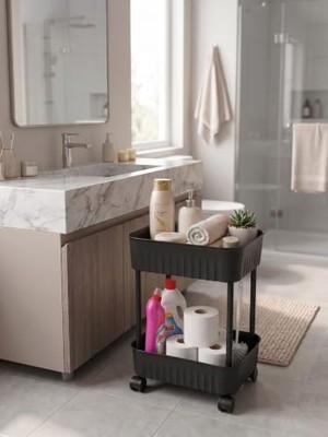 2 Katlı Tekerlekli Organizer Sepet, 28X17 Cm, Beyaz/antrasit Gri, Banyo ve Mutfak Organizeri(Antrasit)