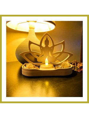 Bezos 3D Baskı Lotus Buda Mumluk - Dekoratif Tealight Mumluk-Bej Bcks