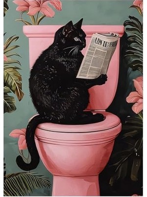Tuvaletteki Siyah Kedi Tasarım Ahşap Tablo, 35 cm x 50 cm