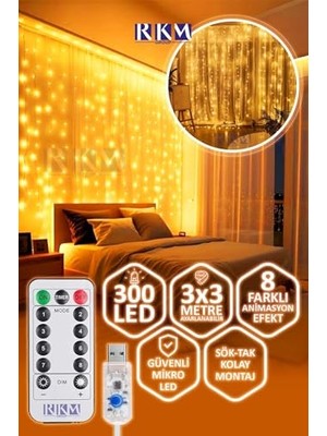 Dekoratif Perde LED 3x3, Gün Işığı, 300 Led'li, 3MX3M, Kumandalı, 8 Modlu, Usb'li