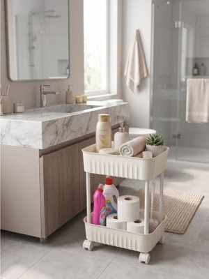 2 Katlı Tekerlekli Organizer Sepet, 28X17 Cm, Beyaz/antrasit Gri, Banyo ve Mutfak Organizeri(Beyaz)