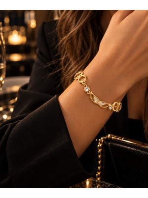 Adata Jewelry Çelik Kanat Model Zirkon Taşlı Kadın Bileklik / 19+4 cm / Uzatma Zincirli / Gold Renk
