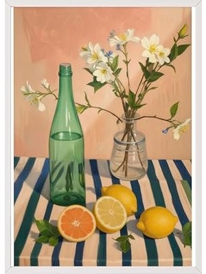 Zestia Beyaz Çerçeveli Tablo; Cam Şişeler, Çiçek ve Limon Detayı, Pastel Arka Plan Poster No: 107519 30 x 40