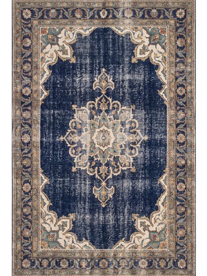 Rugzella Eskitme Lacivert Vintage Soluk Madalyon Desenli Krem Altın Salon Yıkanabilir Halı