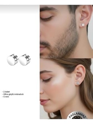 Mıknatıslı Gri Düz Yuvarlak Unisex Küpe; 5 Mm, 2 Adet