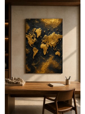 Kabartma Dünya Haritası — Metalik Altın — 30×40 cm Kanvas Tablo